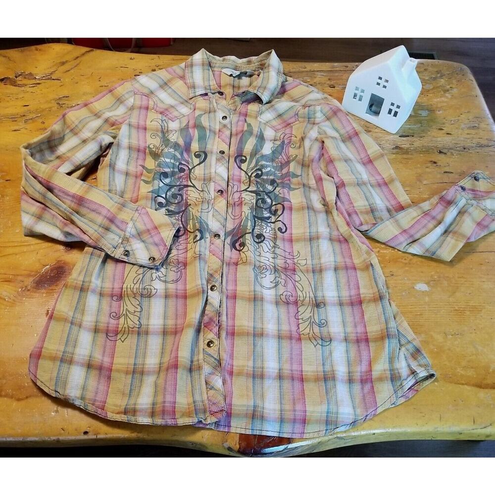 VTG Roper Shirt Women Medium Orange Long Sleeve Retro Western Pearl Snap‎